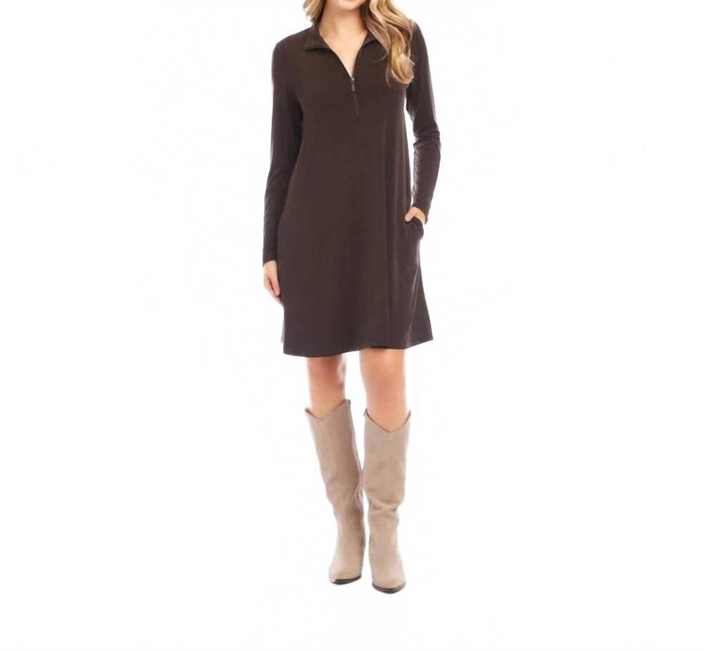 NEW KAREN KANE zaylee zip-up travel mini dress in brown